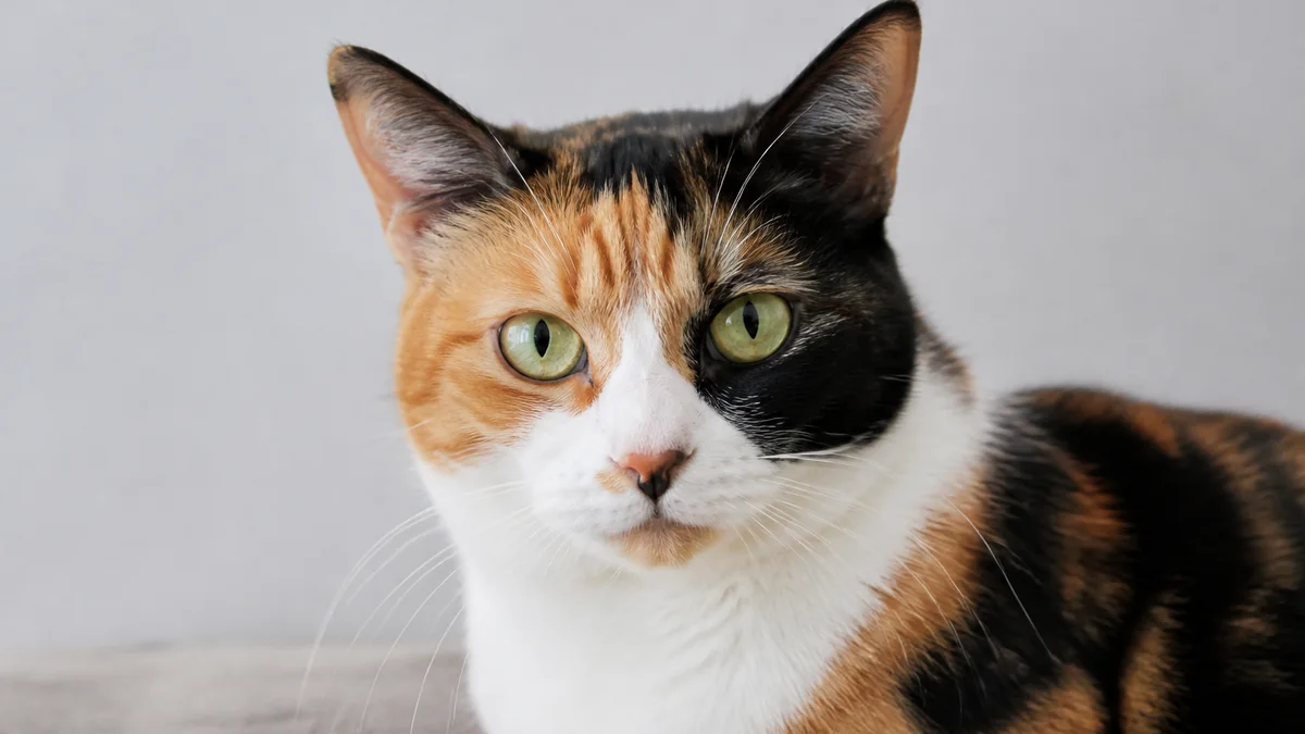 Calico domestic cat with orange, black, and white patchwork coat