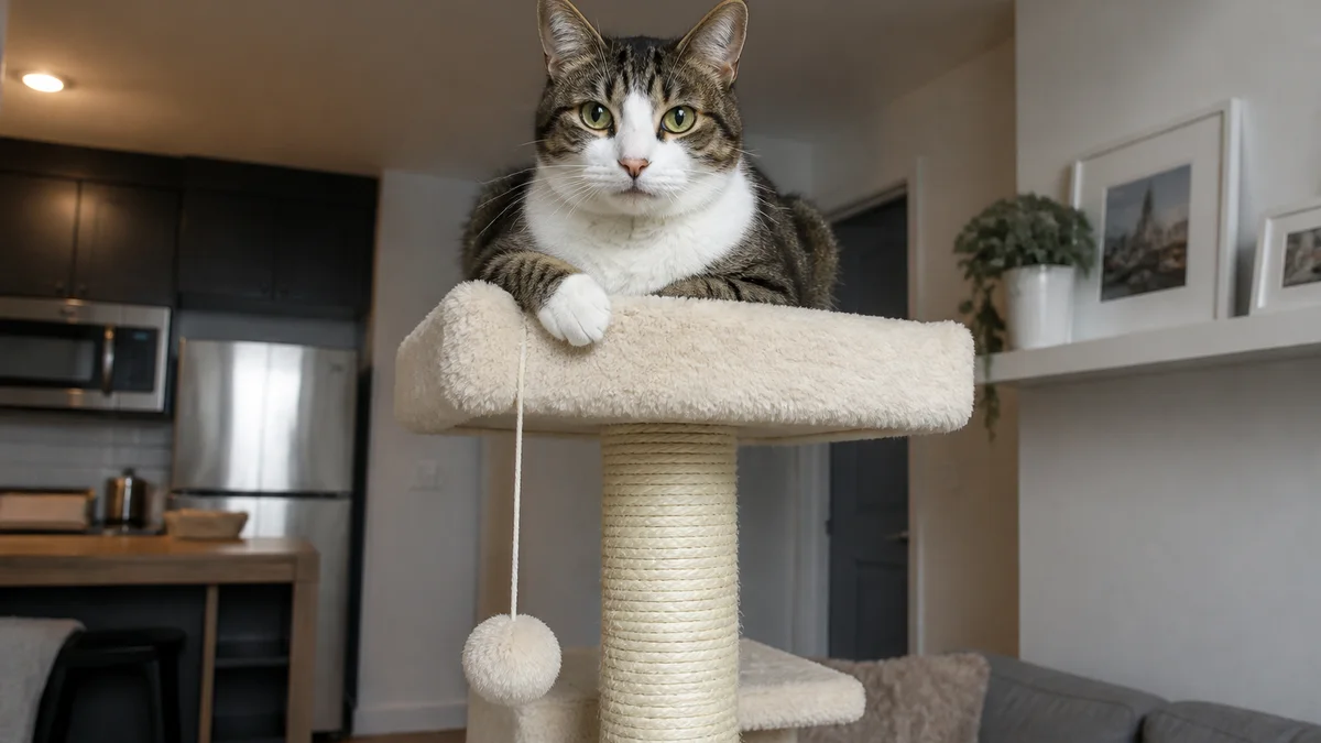 Domestic cat resting on top of a cat tree perch indoors