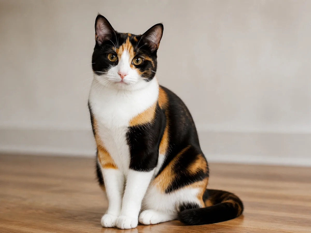 Calico domestic cat with white, orange, and black patches outdoors