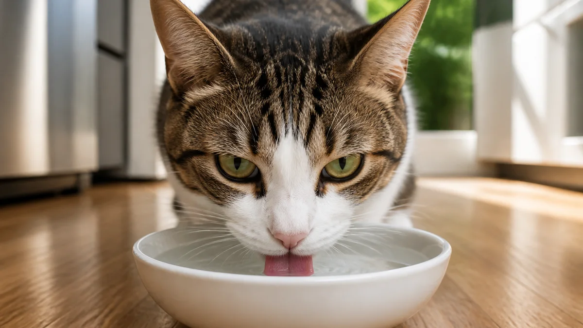 Domestic shorthair cat drinking water from a bowl
