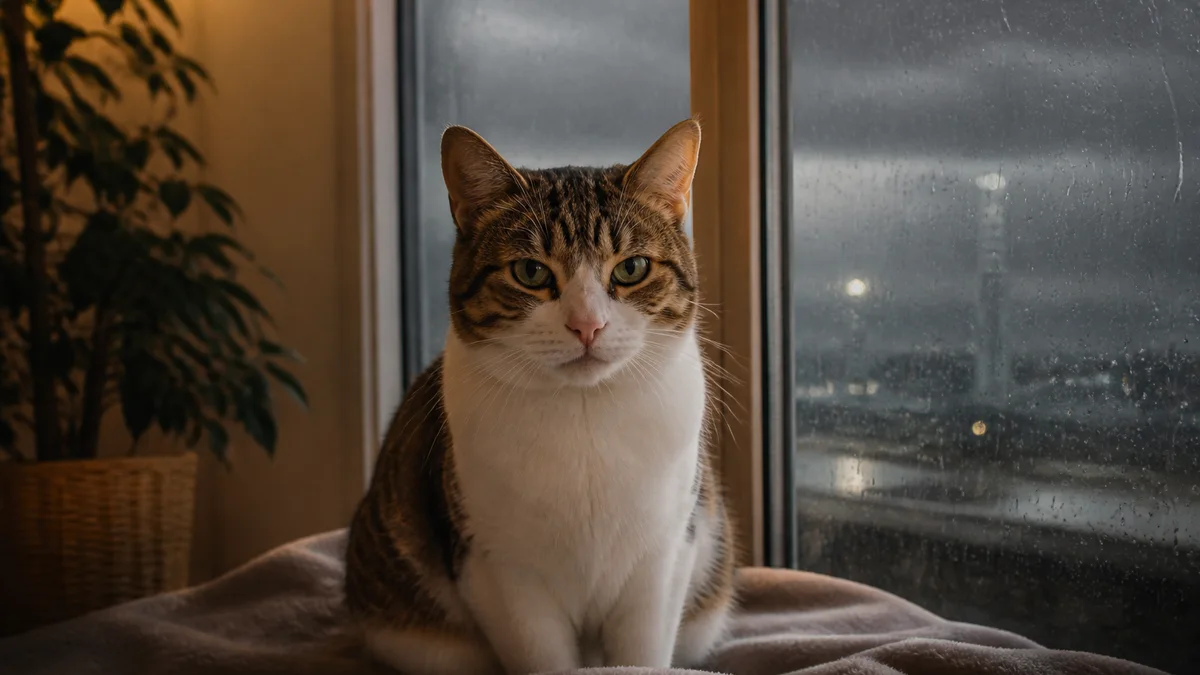 Domestic shorthair cat resting safely indoors while heavy rain falls outside the window